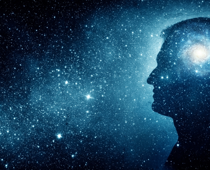 The universe within. Silhouette of a man inside the universe. The concept on scientific and philosophical topics.