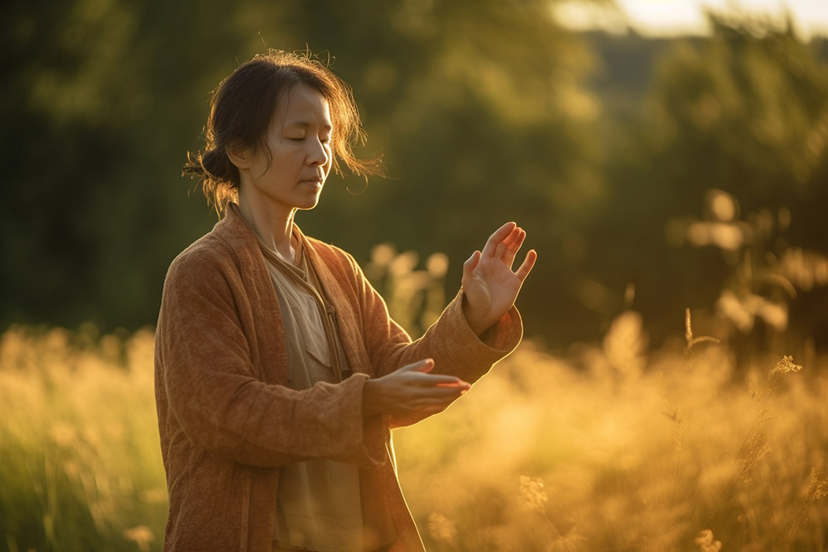 female qi gong master practising in a meadow, bright vibrant lighti